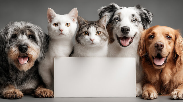 Group of dogs and cats together holding blank white sign, adorable mixed pets posing on gray background, cute animal friendship and advertising concept