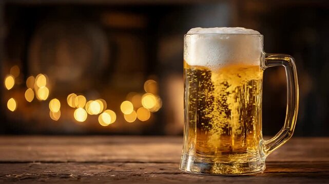 Frothy Golden Beer Mug Resting on Rustic Wood with Soft Bokeh Lights.