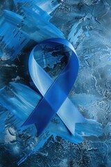 Blue ribbon on abstract background for world diabetes day awareness and support. Vertical banner. Copy space. Healthcare and medical concept. Parkinson's disease, Men's health awareness