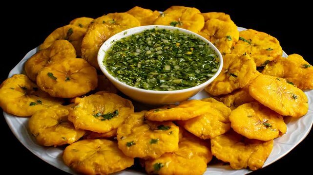 Delicious Golden Fried Plantains with Fresh Green Herb Sauce on a Plate.