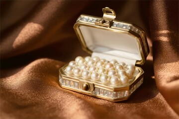 jewelry box of pearls on velvet cloth. Exotic luxury