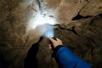 person explore dark cave with flashlight