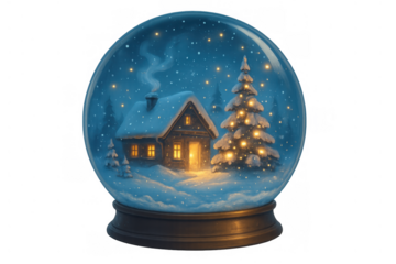 Snow globe with cozy winter cabin and illuminated christmas tree inside, snowing at night, transparent background