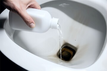 hand pour detergent liquid down dirty toilet bowl