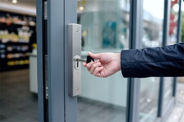business owner unlock store door. Shop opening moment
