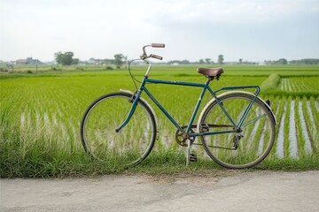 rustic bike by rice field. Peaceful asian rural scene