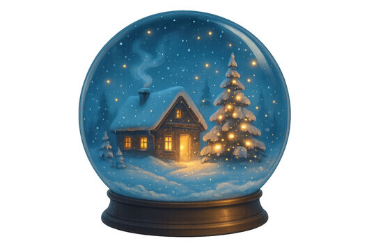 Snow globe with cozy winter cabin and illuminated christmas tree inside, snowing at night, transparent background