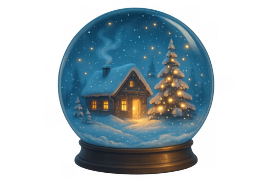 Snow globe with cozy winter cabin and illuminated christmas tree inside, snowing at night, transparent background