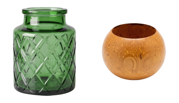 Emerald Green Cut Glass Vase with Diamond Pattern Next to a Burl Wood Bowl Decorative Home Accessories Isolated on transparent background Interior Design