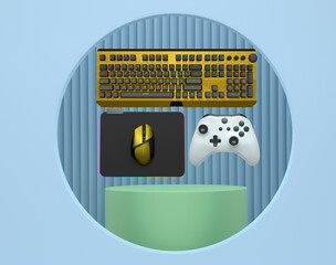 Gaming keyboard, mouse, and controller float in air on pastel background with podium, concept of gaming setup