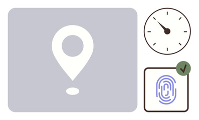 Location pin, fingerprint icon with verification check, and clock hands suggesting precision, identity authentication, and tracking. Ideal for security, travel, logistics, time management