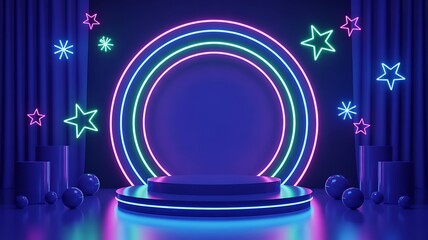 Neon stage with glowing circles and stars for product display and presentation
