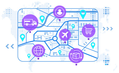 Modern logistics and delivery concept illustration with shipping, air, and shopping icons on a digital map layout, white background, global commerce theme