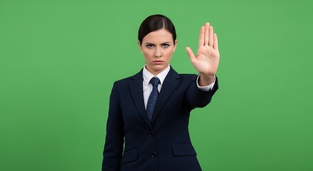 Woman in suit holds up hand in stop gesture on green background