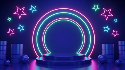 Illuminated stage with neon circles and stars against a dark background