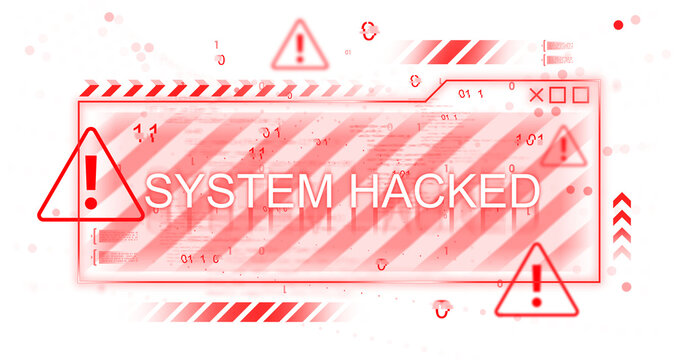 Red system hacked alert design with warning signs and digital glitch effect on white background, representing cybersecurity threat or data breach concept