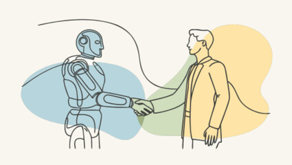 Robot and human shaking hands, a symbol of unity