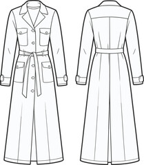 Long trench coat, belted waist, button front, flap pockets, cuff straps, classic fashion, women’s outerwear, CAD drawing, flat vector illustration