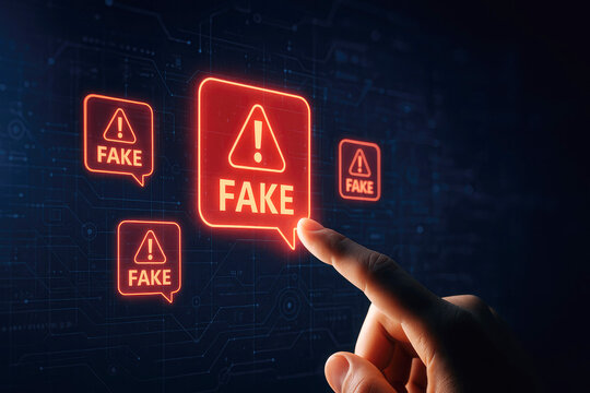 Hand touching glowing red fake news warning icons on a digital interface misinformation deception