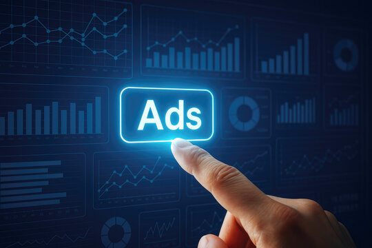 Hand touching 'Ads' button on a digital interface with financial performance charts advertising digital marketing