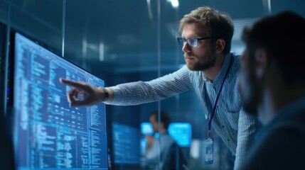 A determined caucasian man in a modern office environment points at a large interactive display analyzing data and system operations with colleagues in the background.