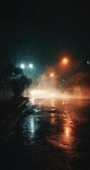 Rainy Night Street Scene Under Foggy Conditions.