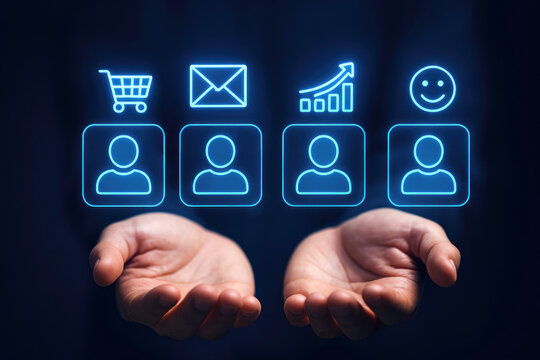 Hands displaying digital user profile icons with associated actions like shopping, email, analytics, and satisfaction