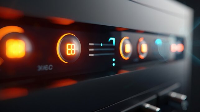 macro shot of inverter control panel with glowing LED indicators, power buttons, voltage display, soft reflections, clean modern design, realistic