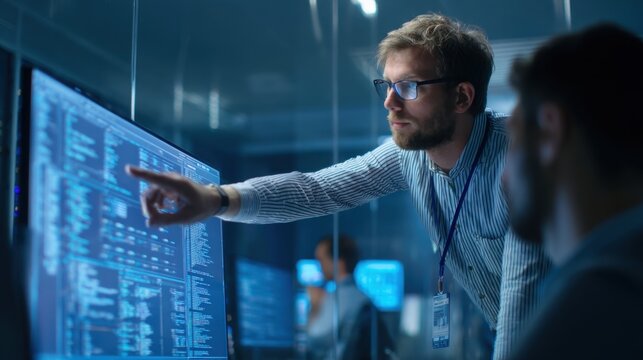 A determined caucasian man in a modern office environment points at a large interactive display analyzing data and system operations with colleagues in the background.