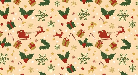 Christmas Seamless Pattern with Santa Sleigh, Gifts, Candy Canes, Snowflakes, Stars and Holly on Beige Background