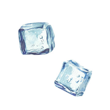 Ice cubes watercolor painted realistic illustration. Blue, square two piece of ice cubes hand drawn clipart isolated from white background for drinks menu, cocktail, juices and lemonades price list.