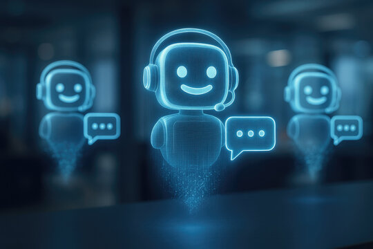 Holographic AI chatbots with headsets and speech bubbles in a digital interface artificial intelligence