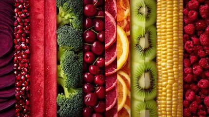 Colorful Vertical Strips of Fresh Fruits and Vegetables Displayed in a Food Composition