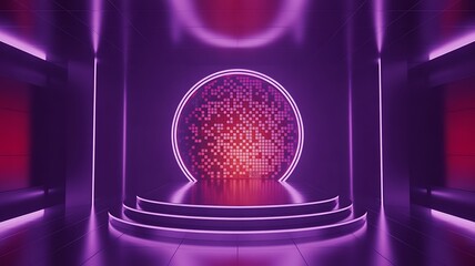 Futuristic stage with neon sphere and purple lighting for product showcase