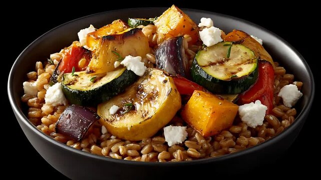 Delicious Roasted Vegetable and Grain Bowl with Feta Cheese.