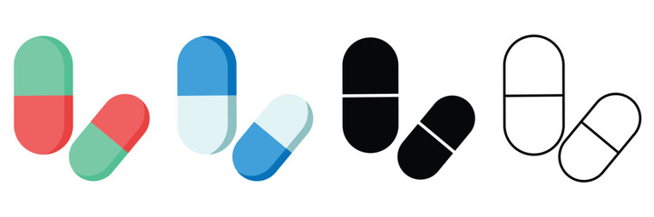 Capsule Pill Icon Set – Flat and Outline Vector Illustrations of Medicine Capsules for Healthcare
 and Medical Design