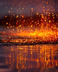 Fiery Volcanic Eruption Reflecting on Water.