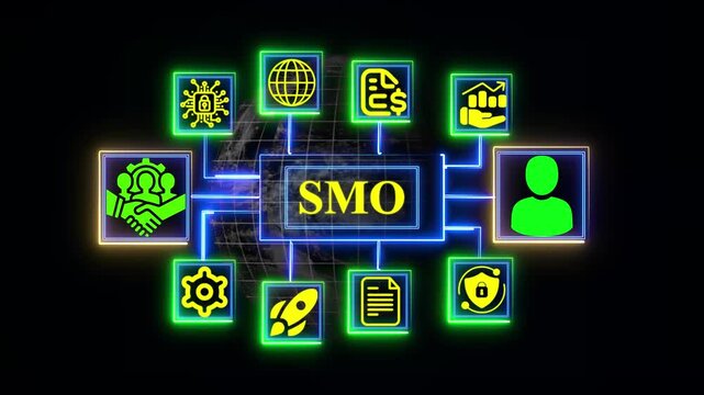Minimalist s - mo concept diagram with glowing green and aqua nodes and icons on world-wide black background Key Responsibility Area