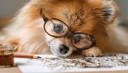 Pomeranian Dog Wearing Glasses, Studying.