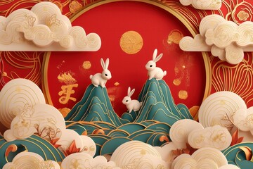 Chinese New Year artwork with rabbits and traditional decorative elements