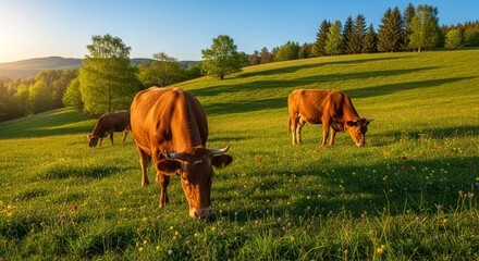 Cows grazing peacefully in a vibrant green meadow filled with wildflowers under a warm, golden sunset glow