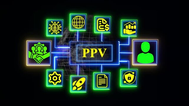 Minimalist PP -V concept diagram with glowing green and aqua nodes and icons on world-wide black background Key Responsibility Area