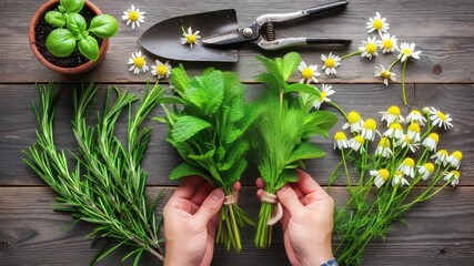 Fresh Herbs and Flowers: Hands Arranging Mint, Rosemary, and Chamomile - Powered by Adobe