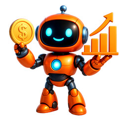 3D AI Robot Holding Coin and Up Arrow Chart &ndash; Revenue Growth, Sales Boost and Business Marketing Success isolated on transparent background. 3d rendering PNG file, cut out