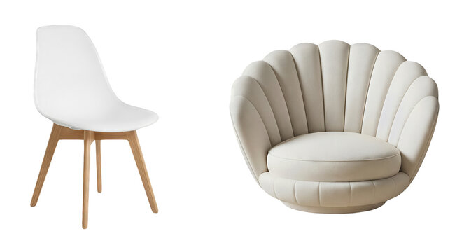 White Modern Dining Chair with Wooden Legs Next to a Cream Scalloped Shell Accent Armchair Isolated on transparent background Interior Design Furniture