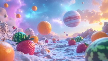Whimsical fruit planet landscape with strawberries, oranges, and watermelons floating against a dreamy cosmic sky, perfect for fantasy themed backgrounds