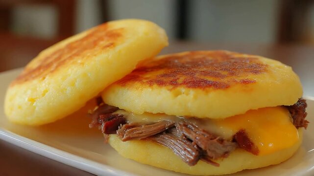 Delicious Arepa Sandwich with Shredded Beef and Melted Cheese on White Plate.