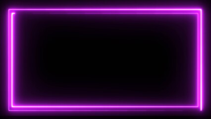 A neon rectangle frame icon features on black background. Glowing Neon light frame rectangle loading icon illustration.