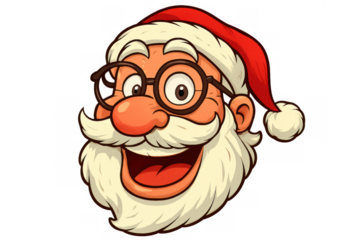 Santa claus head wearing a red hat, glasses, and a long white beard, smiling and winking, representing christmas and winter holidays