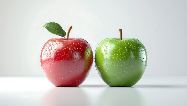 Crisp red and green apples glistening with fresh dew drops, a vibrant and healthy choice for your next project or culinary masterpiece